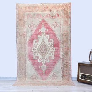 Faded Pink Turkish Rug 4.4 x 7.5 Feet Neutral Pink Gray Orange Brown Area Rug, Vintage Pale Rug, Rustic Rug, Anatolia Wool Rug, Nomadic Rug