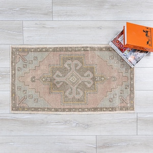 Muted Turkish Door mat for Entry,Bathroom, Neutral Turkish Tiny  Primitive Rug, Vintage Small Unusual Carpet