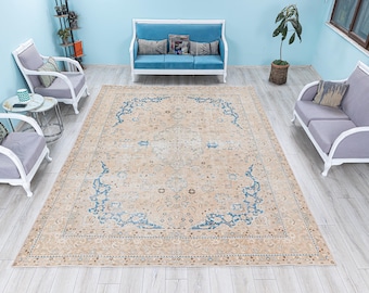 Vintage Persian 10x12 Muted Beige Blue Oushak Area Rug 9x12, Extra Large Turkish Hand Knotted Wool Carpet, Oversize Rug ,12.4 x 9.5 Feet