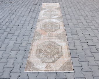 Tappeto da corridoio vintage Oushak: tappeto turco in lana color pastello per corridoio (11,4 x 2,5 piedi)