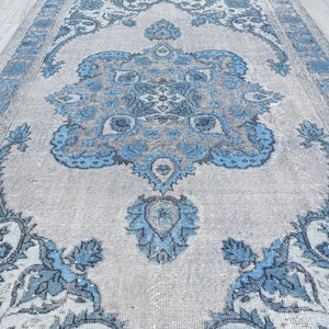 Blue Vintage Rug, Unique Light Blue Turkish  Oushak Area Rug,Hand Knotted Tribal Overdyed Blue Carpet,Anatolia Wool Rug