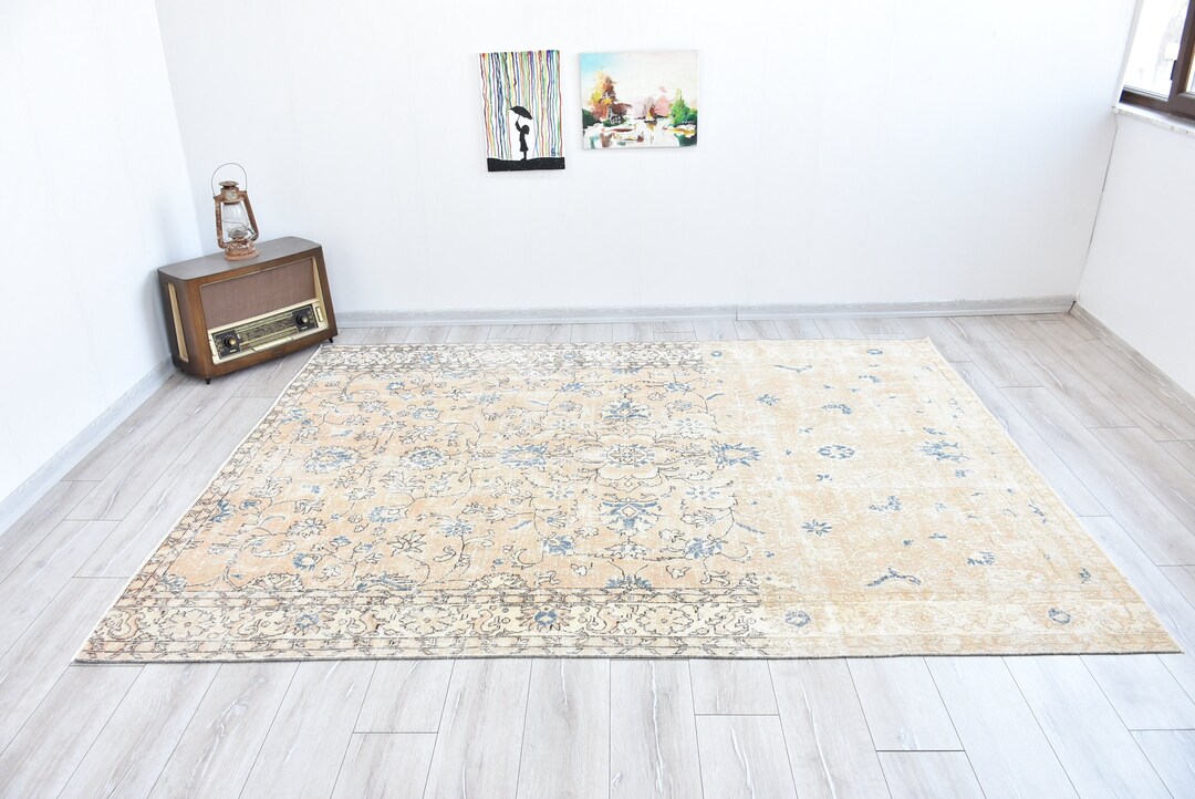 7x9 Vintage Neutral Cream Rug Blue and Black Rug, Turkish Oushak Rug