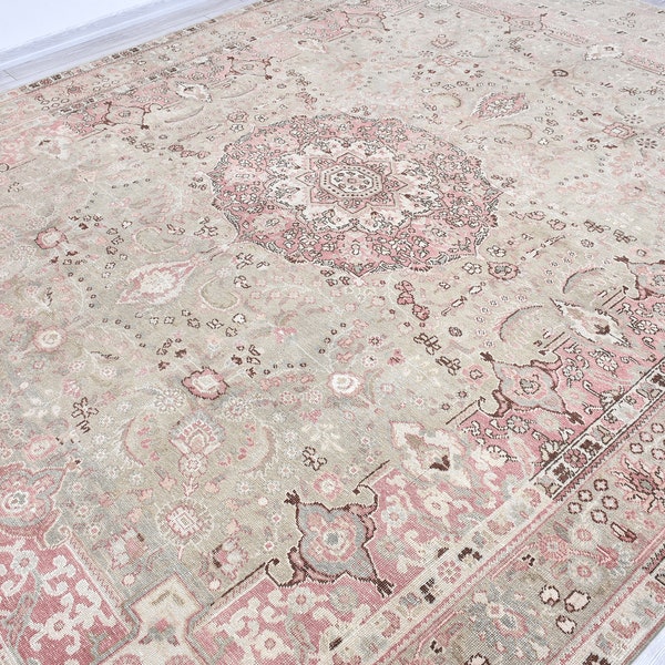 Large Vintage Rug 10'x13' Oversize Pastel Rug, Large Persian Rug, Pale greenish gray and Pink Oversized Rug, Faded Large Handmade Rug