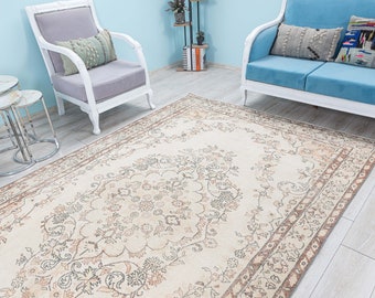 Turks wollen tapijt handgeknoopt 6x10 vintage stijl tapijt met crème, zwarte accentkleuren, vintage ongebruikelijk tapijt, 6,1x9,9 ft bloemenmedaillondeken