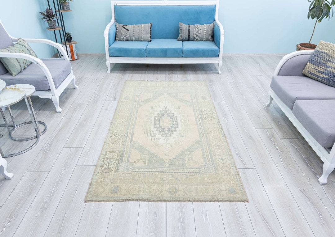 Light Colored Rustic Rugs Hand Knotted Turkish Wool Rug, Light Color Vintage Oriental Rug (7.2 X ...