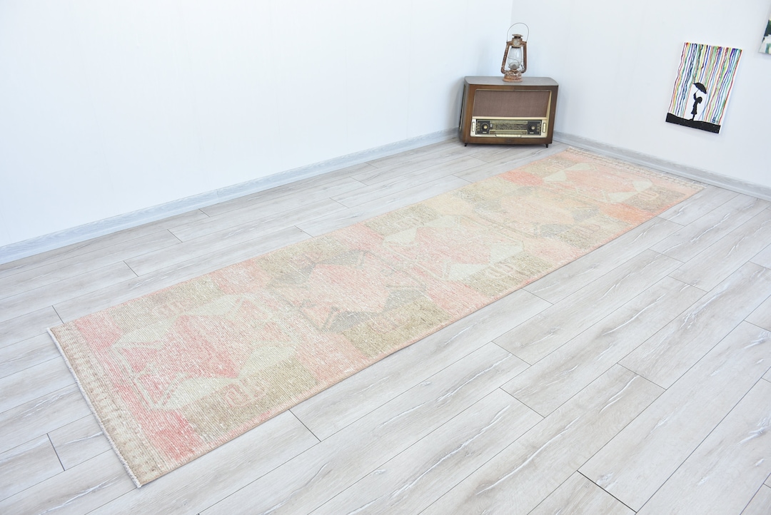 Pale Pink Runner Rug, Pastel Kitchen Runner, Bohemian Corridor Runner