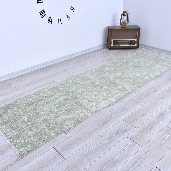 Faded Green Vintage Rug Runner 3 X 11, Muted Oushak Runner, Muted Green Hallway Rug, Turkish Runner For Entrance