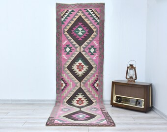 Turkish Pastel Kilim Runner for Kitchen Rug 3'x9' Vintage Kilim Runner, 80s Anatolia Rustic Pale Pink Hallway Rug