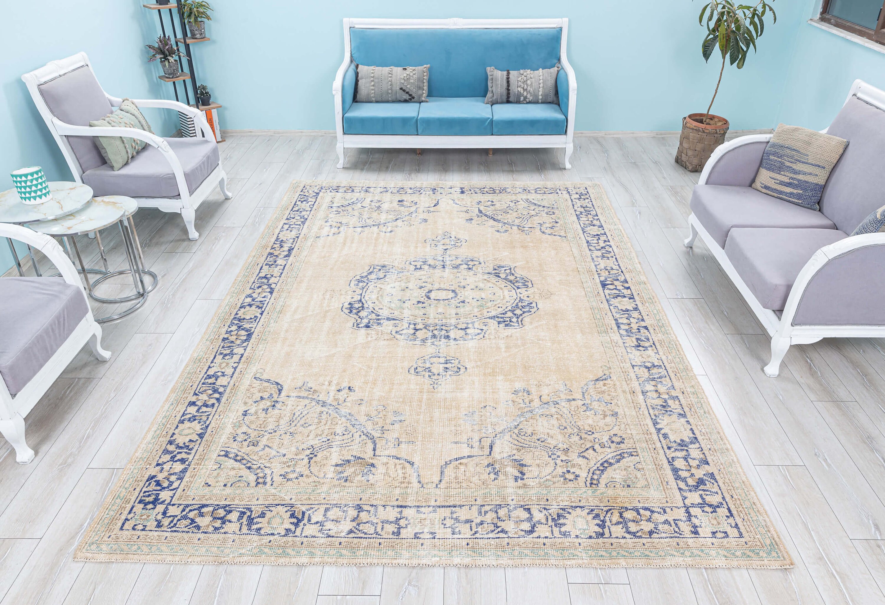 Antique Muted Oushak Rug 8x11 Pale Large Vintage Rug, Neutral Beige Blue Oversize Rug, Wool Turkish Rug, 7.6 x 10.8 Feet