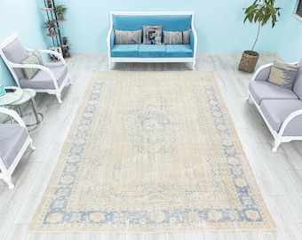 Oversized 50s Boho Turkish Rug, Vintage Area  Rug 8.2 x 11.5 Feet, Muted Oversize Rug, Pale Cream Blue Rug, Anatolia Hand Knotted Rug