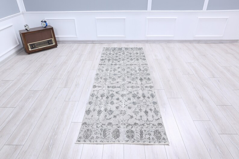 Overdyed Oushak Runner Rug, Grey Wool Hallway Rug (8.2 x 2.9 feet) image 3