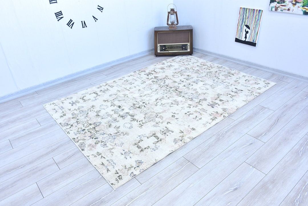 Faded White Pink Blue and Musty Green Floral Area Rug,rustic Hand Knot