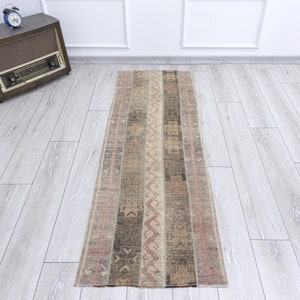 Neutral Primitive Runner Rug 2x6 Turkish Vintage Hallway, Muted Bathroom Runner, Bohemian Entryway Carpet, 6.2 x 2.1 Feet