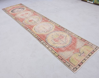 2.7x11.9 Feet-Pastel Vintage Runner Rug Kitchen Rug Runner,Turkish Rug Runner,Oushak Runner Rug,Hallway Rug,Corridor Rug,Pink Runner Carpet