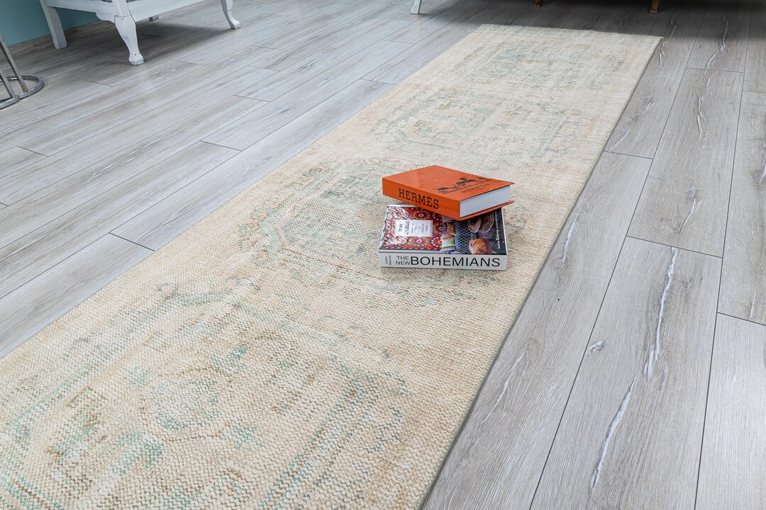 Neutral Turkish Runner Rug, Beige Distressed Hallway Carpet, Hand ...