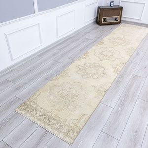 3x13 Muted Türkischer Oushak-Läufer, Vintage Muted Beige Eingang Langer Flur, Orientalischer verblasster antiker Korridor, Küchenteppich, 12,8 x 2,6 Fuß
