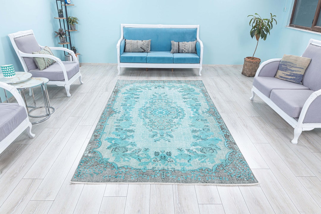 Turquoise Mediterranean Rug Turquoise Unique Turkish Rug, Aqua Blue Oushak Overdyed Vintage Rug ...