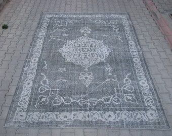 Vintage Turkish Oushak Rug, Overdyed Light Gray Bohemian Rug (7' x 10'4)