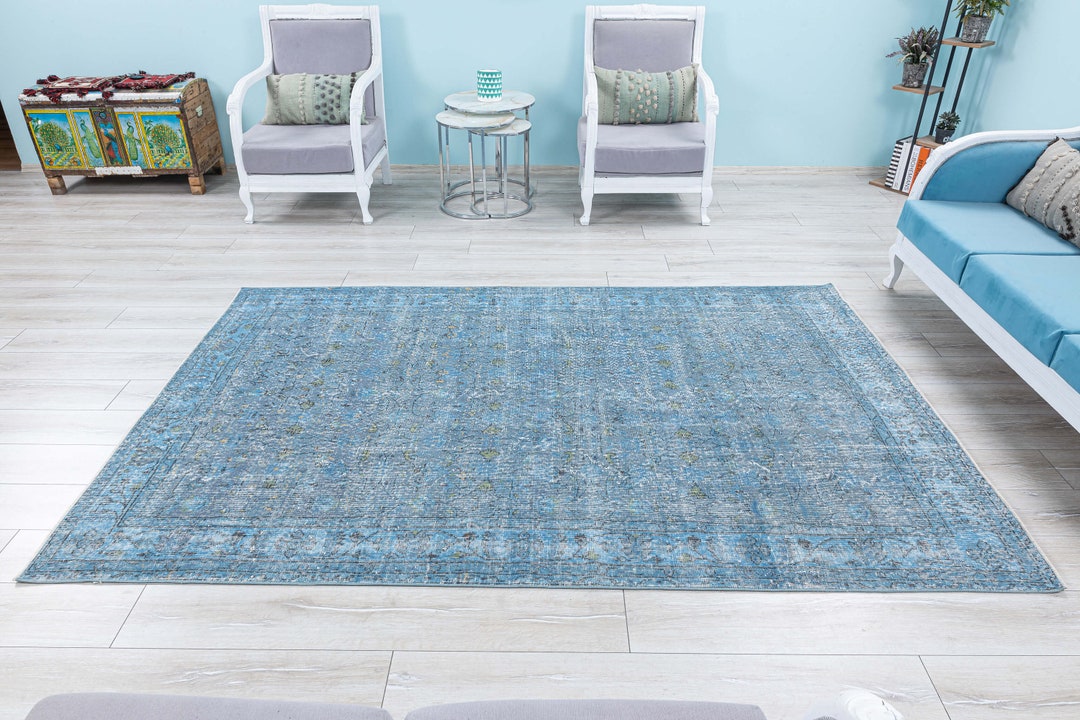 Blue Rug 6x9 Floral Light Blue Area Rug 5.7x8.6 Feet Vintage Overdyed ...