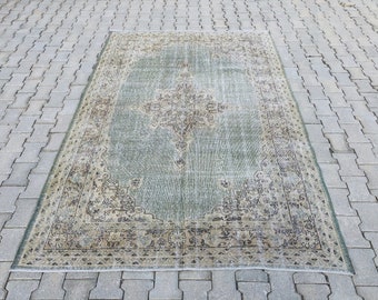 Oushak Area Rug,Pastel Turquoise Rug,Vintage Rug,Handmade Decorative Rug,Turkish Rug,Antique Carpet,Bohemian Rug,Muted Rug,8.8 x 5.6 feet