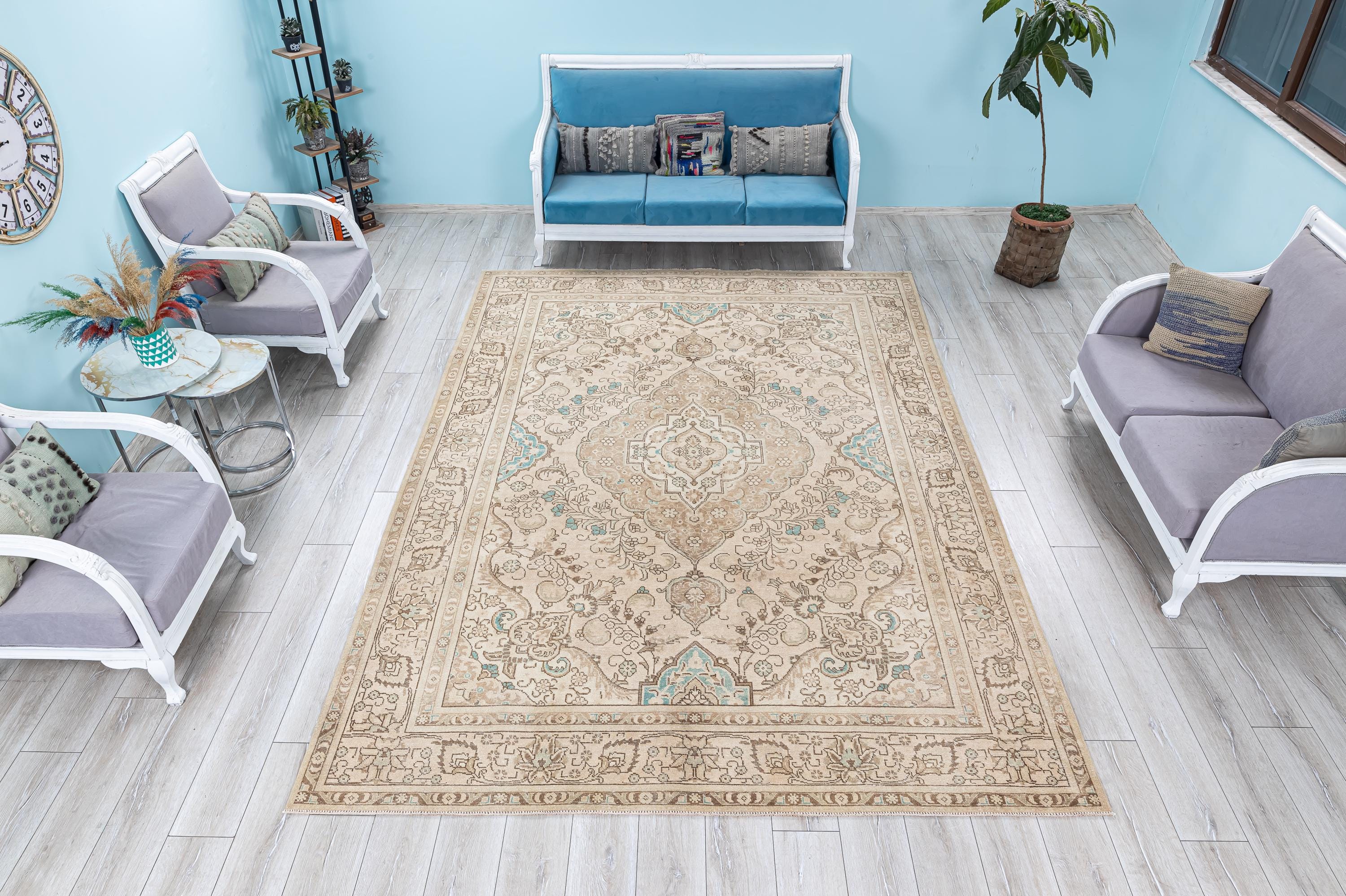 8x11 Vintage Rug, Oversized Rug Beige Brown, Muted Persian Rug, Medallion Large Rug, Turkish Area Rug, 7.9x11.2 Feet