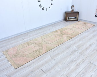 Pink Turkish Runner 12.6 x 2.8 feet Pastel RUNNER Rug,Oushak Runner,Kitchen Rug Runner,Hallway Rug,Bohemian Runner,Antique Runner Rug Carpet