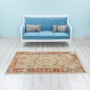 Puede incluir: Un sof&aacute; azul claro con dos almohadas se encuentra sobre una alfombra beige claro con un patr&oacute;n floral. La alfombra tiene un borde rojo, naranja y marr&oacute;n.