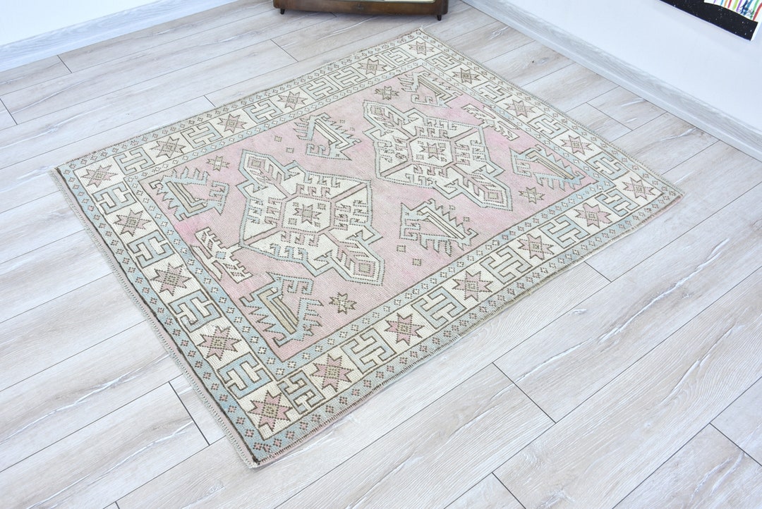 4x4 Powder Pink Turkish Wool Rug - 4x5 Vintage Area Rug, 4.6 X 3.9 Feet ...