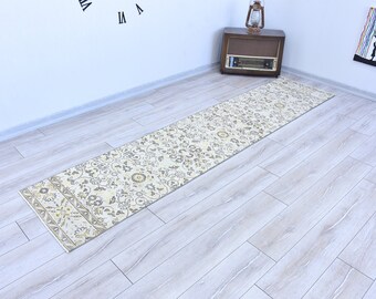 Narrow Muted Vintage Runner Rug 2x9 Pale Oushak Flowery Runner Rug, Turkish Runner Kitchen Rug, Floral Vintage Hallway Rug