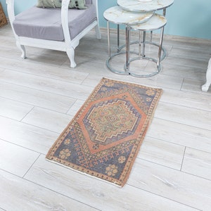 Muted Pink,Blue Entry,bath room 2x3 Muted Pink Turkish Door mat Rug, Vintage antique Carpet, 1.8x3.1 Feet
