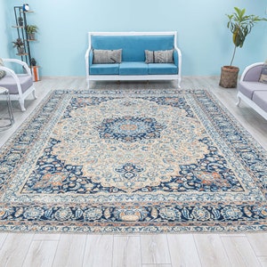 10x13 Vintage Rug,10x13 Beige Night Blue Persian Style Rug, Distressed Extra Large Oriental Rug,Oversize Pastel Turkish Carpet,9.8x12.7 Feet