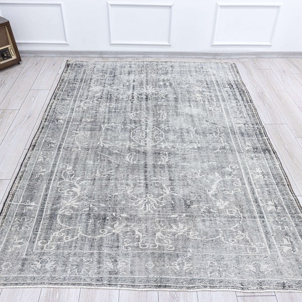 Turkish Rug 6x8 Muted Gray Vintage Decorative Rug, Floral Farmhouse Modern For Living room Bedroom, Distressed Neutral Gray Rug, 6x8.4 Feet