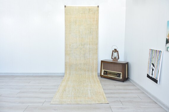 Neutral Kitchen Runner Rug, Long Muted Turkish Runner Rug, Faded Oushak Runner, Vintage Runner Rug, Corridor Rug, Hallway Rug, 3 x 11.2 Feet
