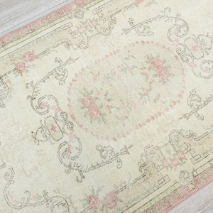 Oushak Gedämpfter Creme,Grün und Rosa Teppich Türkischer Vintage Teppich Kinderteppich Boho Teppich Nomadenteppich