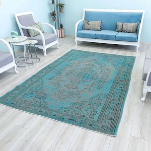 Aqua Turkish Area Rug 6x9 Vintage Overdyed Turquoise Farmhouse Decor, Teal Blue Oriental Hand Knotted Oushak Carpet, 8.6 x 5.9 Feet