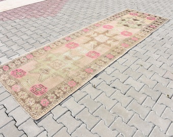 Vintage Oushak Runner Rug, Pastel Pink Beige Brown, Wool Hallway Rug (11.1x3.5 ft)