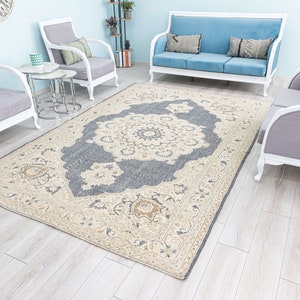 Vintage  bluish gray and Ivory Oushak Large Area Rug, Pastel Rug Large,Anatolian Bohemian Decorative Wool Turkish Rugs, 6&#39;9x10&#39;1 feet
