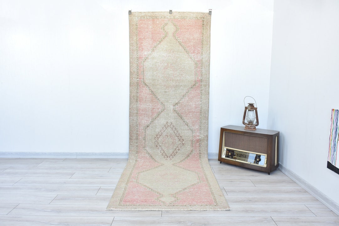 Pale Pink Vintage Runner Rug, Pastel Turkish Runner Rug, Kitchen Runner
