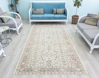 Tapete floral turco de cor creme, tapete vintage para sala de estar 5x8, creme desbotado de meados do século, rosa, marrom, 4,9 x 8,5 pés