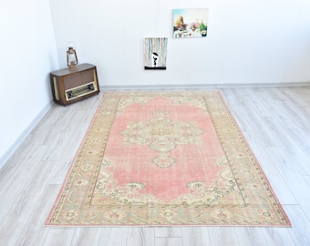 Tapete de área turco rosa neutro 6x9, tapete pastel Oushak, tapete rosa com padrão de medalhão da Anatólia, tapete atado à mão, tapete tribal Boho, 5,9 x 8,9 pés