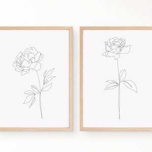 Minimal Peony and rose lineart black and white Printables Set of 2 | easy to use |Instant download digital file |floral print set botanical