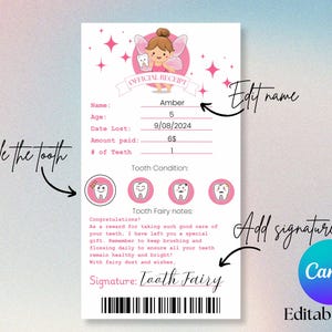 Op de afbeelding: Een afdrukbare Tandfee-bon sjabloon met een feeënillustratie, roze accenten en aanpasbare velden. Bevat velden voor naam, leeftijd, datum, betaald bedrag en tandconditie. Bewerkbaar met Canva.