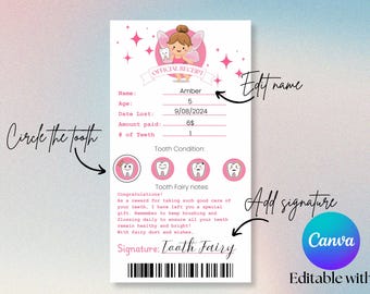 Editable Tooth fairy Receipt | Canva template printable tooth fairy note, customizable tooth fairy note, tooth fairy letter, missed tooth