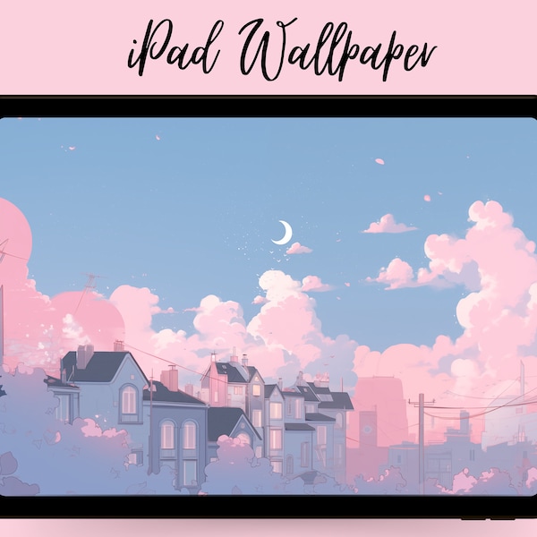 Aesthetic iPad Wallpaper Ghibli Anime Style Blue and Pink Sky Etsy