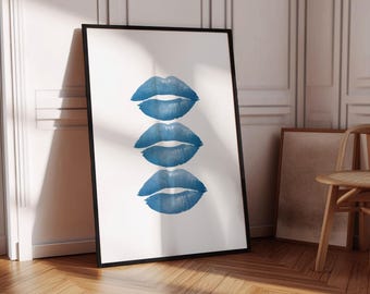 Blue art print kiss lips kisses print trendy preppy wall decor