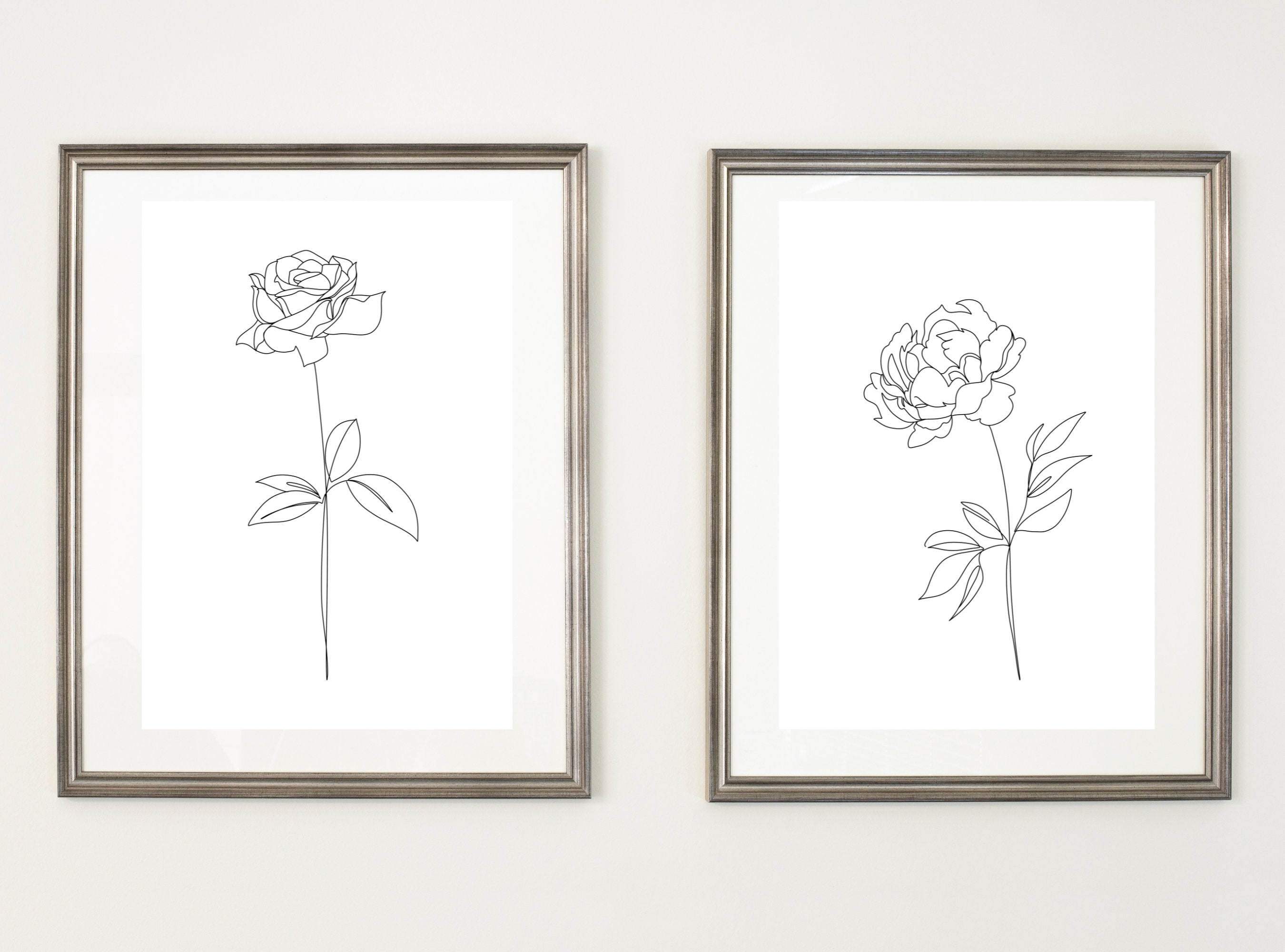 Minimal Peony and Rose Lineart Black and White Printables Set - Etsy