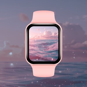 May include: A pale pink smartwatch featuring a rectangular screen showing a tranquil ocean scene in pink and blue tones. The watch has a matching pink strap and a black border around the screen.