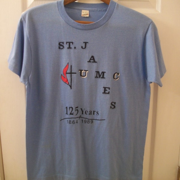 Vintage 80s Church T Shirt Medium St. James United Methodist Church 125 Year Anniversary 1989 Screen Stars 50/50 Blue Jeffersonville Indiana