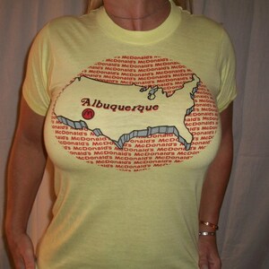 Vintage 80s McDonald&#39;s T Shirt XS Albuquerque New Mexico Restaurant Promo tee Arches Logo Big Mac Ronald Sneakers Yellow 50/50 Single Stitch