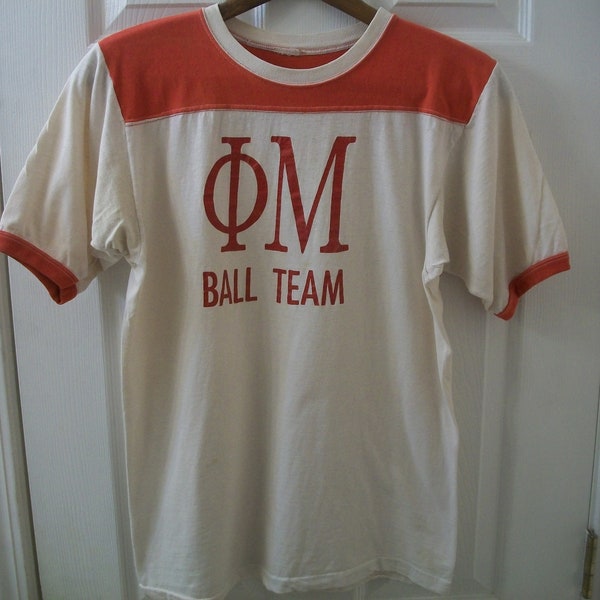 Vintage 70s Phi Mu T Shirt M Ball Team Sorority Fraternity Rugby Football Jersey Style tee Greek Life Letters Ringer Single Stitch College